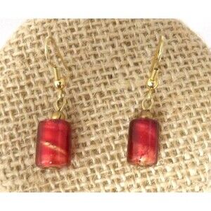 Murano Glass Red Gold Two Tone Barrel Beads French Hook Wire Pierced Earrings